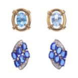 A selection of gem-set earrings. To include a pair of 9ct gold diamond line earrings, a pair of