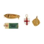 Four 9ct gold charms. To include a boat with paddles charm, a cheque book charm, together with two