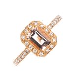 An 18ct gold morganite and diamond cluster ring. The rectangular-shape morganite, with brilliant-cut