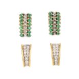 Two pairs of gem-set earrings. To include a pair of single-cut diamond and circular-shape emerald