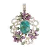 An emerald, diamond and gem-set pendant. Of openwork design, the oval emerald cabochon, within a