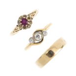 Three gold rings. To include a mid 20th century 18ct gold diamond ring, a 9ct gold ruby and