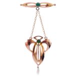 An Art Nouveau 9ct gold turquoise and freshwater pearl brooch. The openwork panel and similarly-