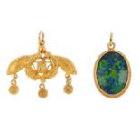 Two pendants. To include an oval opal triplet cabochon pendant, together with a bee pendant. Lengths