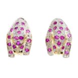 A pair of 9ct gold ruby and diamond earrings. Each designed as a leopard, with circular-shape