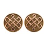 CLOGAU - a pair of 9ct gold earrings. Each designed as a circular bi-colour disc, with geometric