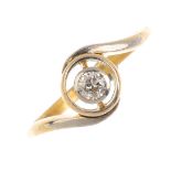A diamond single-stone ring. The brilliant-cut diamond collet within a halo surround and
