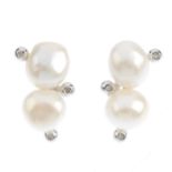 A pair of cultured pearl earrings. Each designed as a cultured pearl line, with brilliant-cut