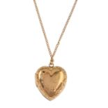 A mid 20th century 9ct gold back and front locket, with chain. The heart-shape locket, with engraved