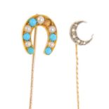 Two early 20th century gold and gem-set stickpins. To include a rose-cut diamond crescent