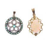 A selection of gem-set jewellery. To include a 9ct gold opal pendant and a pair of 9ct gold matching