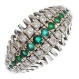 A diamond and chrysoprase dress ring. The graduated circular-shape chrysoprase line, with
