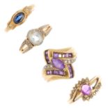 Four gem-set rings. To include a 9ct gold amethyst and diamond dress ring, a 9ct gold sapphire and