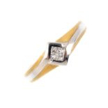 An 18ct gold diamond ring. Of bi-colour asymmetric design, the four square-cut diamond collet,