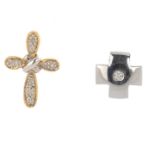 Two diamond cross pendants. Length of pendants 1 and 1.8cms. Total weight 3.4gms. Overall