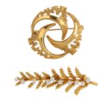 Two mid 20th century 9ct gold brooches. To include a cultured pearl fern leaf brooch and a