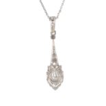 A diamond pendant and chain. Of geometric design, the pear-shape diamond collet, with textured