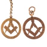 Two early 20th century 9ct gold Masonic pendants. Both of openwork design, with Masonic motif.