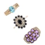 Five 9ct gold gem-set rings. To include a blue tourmaline and diamond dress ring, a sapphire and