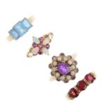 Four gem-set rings. To include a 9ct gold garnet three-stone ring, a 9ct gold ruby and synthetic