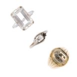 Three items of gem-set jewellery. To include a colourless gem accent signet ring, a topaz single-