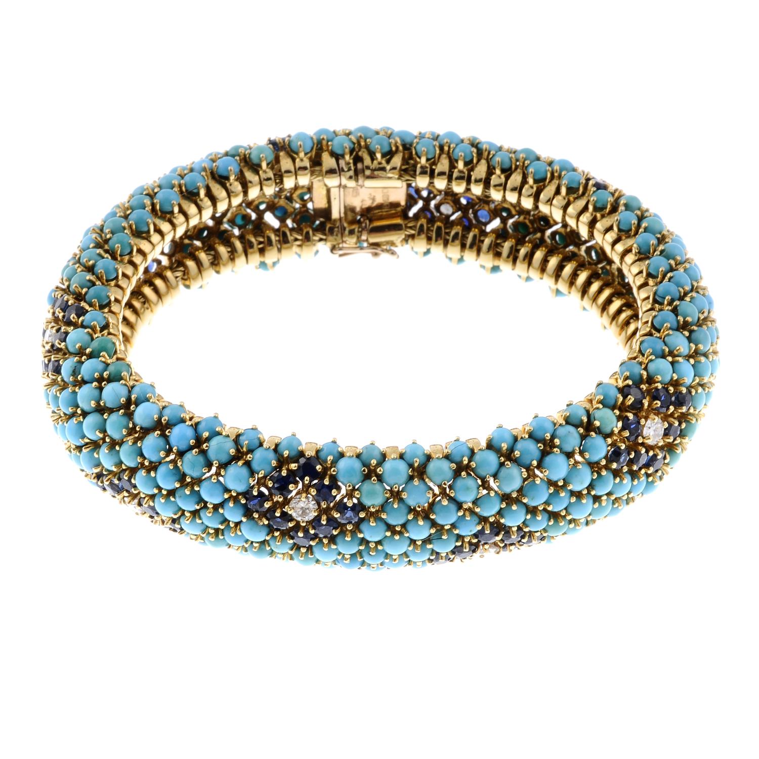 KUTCHINSKY - a 1960s 18ct gold diamond and gem-set bracelet. The circular turquoise cabochon,