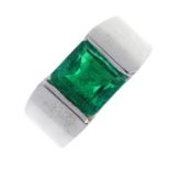 A Colombian emerald single-stone ring. The square-shape emerald, with tapered band. Verbal from GCS,