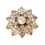A late Victorian natural pearl and diamond brooch. Of floral design, the natural bouton pearl,