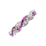 A ruby and diamond full eternity ring. Designed as two pave-set diamond and square-shape ruby