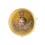 A late Victorian gold, diamond and enamel cherub brooch. The painted enamel face, with rose-cut