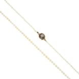 A natural seed pearl single-strand necklace. Comprising a single-strand of 201 natural seed