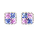 A pair of sapphire and diamond earrings. Each designed as an alternate sapphire and pink sapphire