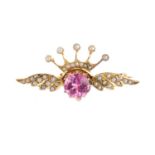 An Edwardian 15ct gold, tourmaline and split pearl brooch. The circular-shape pink tourmaline,