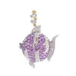 A sapphire and diamond pendant. The circular-shape pink sapphire fish, with brilliant-cut diamond
