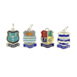 A selection of enamel town charms. To include town charms for Wellingborough, Jersey, Polperro,
