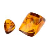 Two pieces of natural Dominican Republic amber with insect inclusions. The smaller of freeform