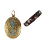 A late Victorian enamel hair pendant and an early 20th century tortoiseshell ring. The pendant of