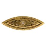 An early 20th century gold diamond memorial brooch. Of marquise-shape outline, the single-cut