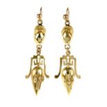 A pair of dropper earrings. Designed as ear hooks, suspending an oval-shape bead with oak leaf