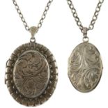 Nine silver and white metal lockets. To include six of oval outline, two heart-shape and one