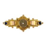 An early 20th century 9ct gold sapphire and diamond brooch. The central octagonal panel set with a