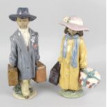 A pair of Lladro pottery figurines, The Young Travellers, (one a/f), two Luigi Fabris figurines