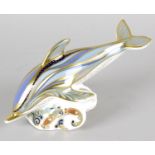 A Royal Crown Derby porcelain paperweight modelled as a dolphin, with red printed marks and gold