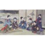 A 19th century Japanese painted silk panel, depicting a group of bijin seated playing musical