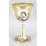 A Bohemian overlay white glass goblet, the wheel cut and gilt scroll decorated bowl with hand