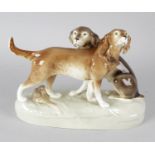 A Royal Dux Czechoslovakian ornament modelled as two gun dogs, 8.25 (21cm) tall, four Royal Crown