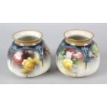 A pair of Hadley's Worcester bone china squat bulbous vases each hand painted with roses. 3 (7.