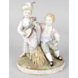 A late 19th century Meissen porcelain figure group. Modelled as a young courting couple, she