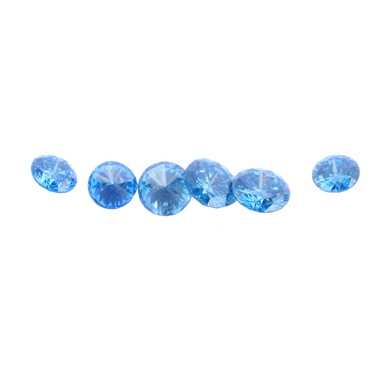 Six colour treated 'blue' diamonds. Total weight 0.24ct, size range 0.03 to 0.05ct. Some gemstones