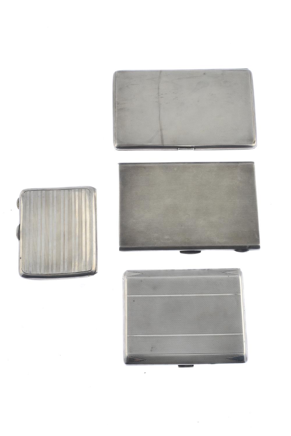 Four early to mid 20th century silver cigarette cases. Each of rectangular outline, with engine- - Image 3 of 5